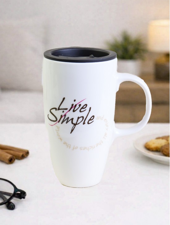 "Live Simple" Porcelain Mug w/ Lid With Gift Box